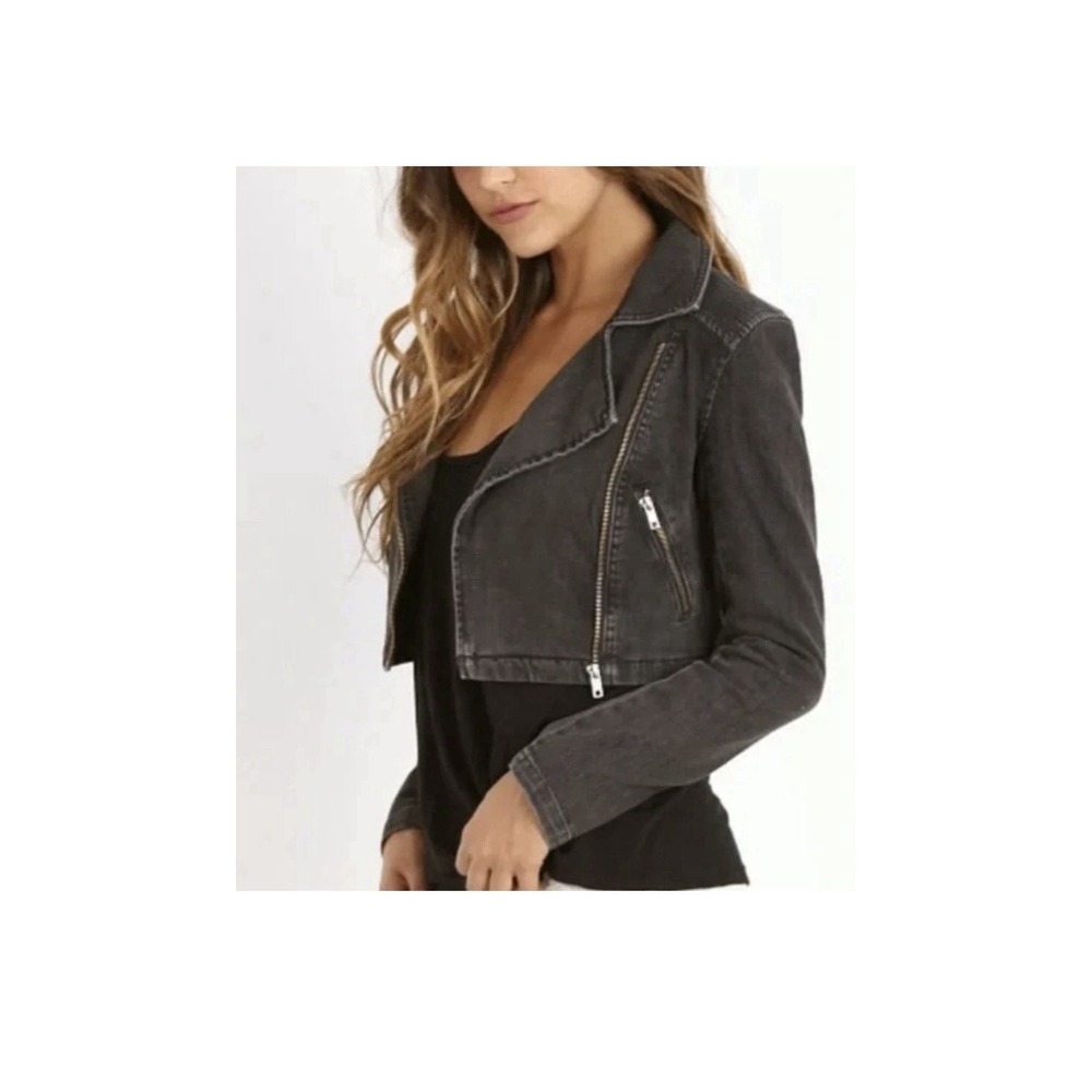 FREE PEOPLE Cropped Moto Jean Jacket Faded Black Crop Sz Small - Picture 4 of 8